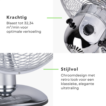 Cheqo® Tafelventilator 30 cm – Retro Design – Chroom – 3 Snelheden – Kantelbaar – Zwenkfunctie – Metalen Bladen – Bureau Ventilator – Stil – Compact – Verstelbare Kop – Energiezuinig – Ventilator met Handvat – 35 Watt