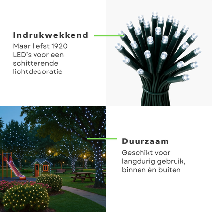 Cheqo® Kerstverlichting - Kerstlampjes - Kerstboomverlichting Wit - 1920 LED Lampjes - Koel Wit Licht - 25 Meter Lengte - Binnen en Buiten - IP44 Adapter - 8 Lichtfuncties - Automatische Timer - Geheugenfunctie - Cluster Kerstverlichting