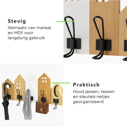 Cheqo® Kapstok Met Huisjes - Wandkapstok - Kapstok Met Haken - Decoratieve Kapstok - Huisjes Design - Kapstok Voor Hal - Kapstok Voor Kinderkamer - Moderne Kapstok - Compacte Kapstok - Jas Ophangen - Garderobe