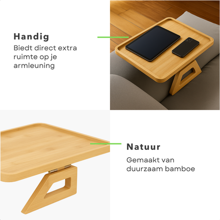 Cheqo® Armleuning Dienblad - Bamboe Materiaal - Houtkleur - Antislip - Inklapbaar Ontwerp - Banktafel - Sofa Accessoire - Bamboe - Bank Dienblad