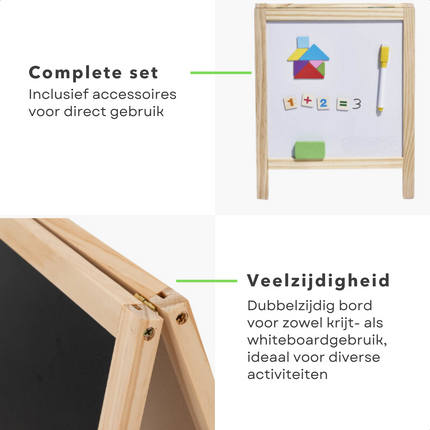 Cheqo® Dubbelzijdig Schoolbord met Houten Stand - Krijt- en Magnetisch Tekenbordje met Accessoires - 22.5x22.5 cm - Tekenbord - Krijtbord - Whiteboard