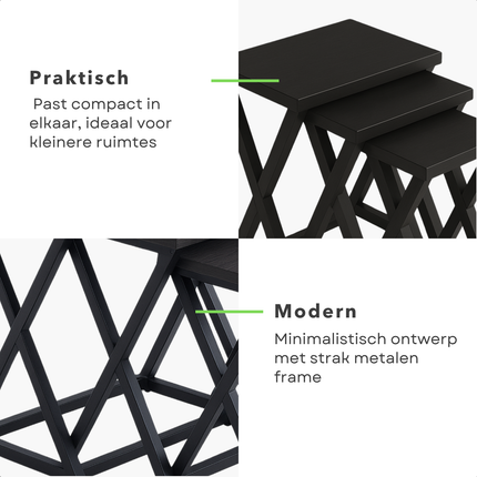 Cheqo® Moderne Bijzettafels Set - Salontafel Set - Tafelset - Bijzet Tafel Set - Bijzettafel Zwart Metaal & MDF - X Design - 3 Stuks
