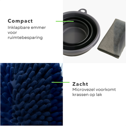 Cheqo® Auto Schoonmaakset 7-Delige Set – Microvezel Doek & Autowashandschoen – Opvouwbare Emmer – Velgenborstel – Raamwisser – Auto Interieur & Exterieur Reiniging – Compact & Lichtgewicht – Zonder Krassen – Auto Poets Set
