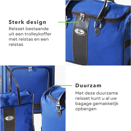 Cheqo® Kofferset - Reisset - Trolleykoffer - Trolleyreistas en Reistas - 600D Polyester - Blauw - 40.5x22xH63cm, 33x25.5xH50cm, 30x11xH40.5cm - Telescopisch Handvat - Draaggrepen - Kunststof Wielen met Kogellagers  - Handbagage - Trolleyset koffersets