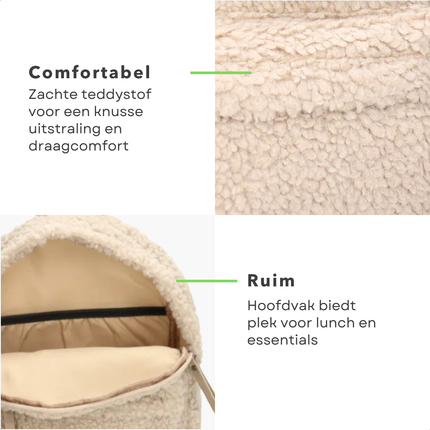 Cheqo® Luxe Kinderrugzak - Rugzak voor Kinderen - Rugtas - Schooltas - Zachte Teddystof - Verstelbare Schouderbanden - Wit
