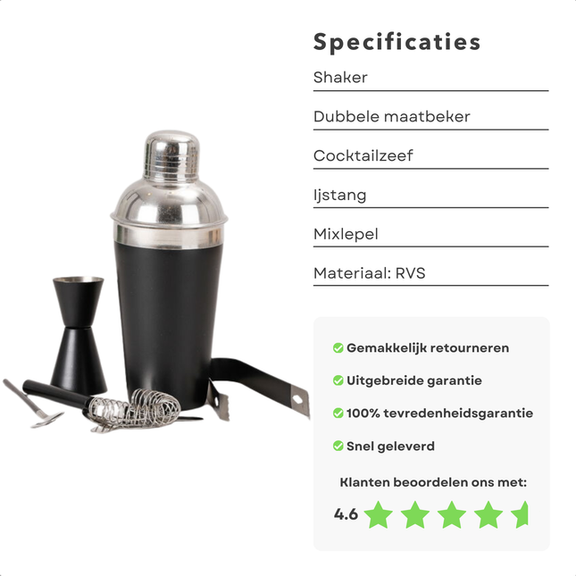 Mat zwarte cocktailshakerset van 5-delig RVS, inclusief shaker, maatbeker, cocktailzeef, ijstang en mixlepel, met hoge klantbeoordeling.