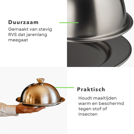 Cheqo® RVS Stolp - Serveerschaal Met Deksel - 30 cm Diameter - Voedsel Presenteren - Taartstolp - Kaas En Gebak - Snacks Serveren - Glanzend Roestvrij Staal - Stolp Met Onderbord - Ronde Serveerschaal