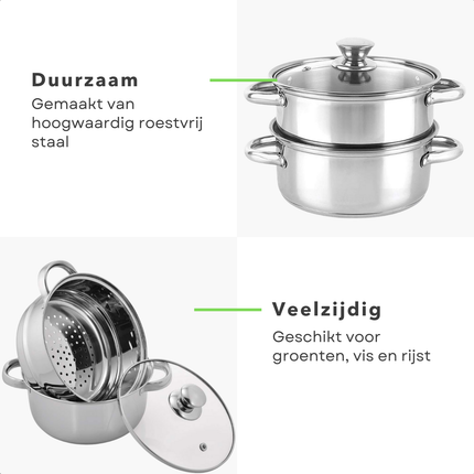 Cheqo® RVS Stoompan - Rijst- en Groentestomer - Handig voor Couscous en Rijst - 3-delig - Inductie - Ø 20 cm - Glazen Deksel