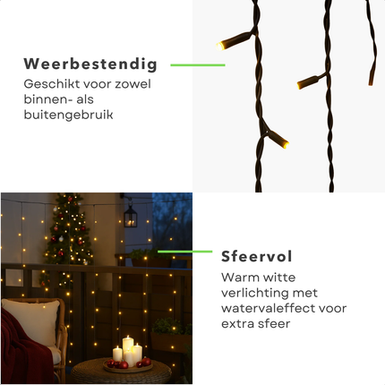 Cheqo® Gordijnverlichting Warm Wit - LED Gordijn - Watervaleffect - 220 LED Lampjes - 200x100 Cm - Lichtgordijn Binnen En Buiten - Kerstverlichting - Transparante Kabel - IP44 Bescherming - 5 Functies Geheugen - Ijspegel Verlichting
