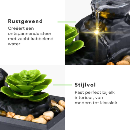 Cheqo® Kamerfontein - Binnenfontein - Rustgevende Zen Sfeer - LED Verlichting - Compact Design - Kunstplant - Tuinfontein - Cascadefontein - Binnenfontein - Fontein - Waterornament