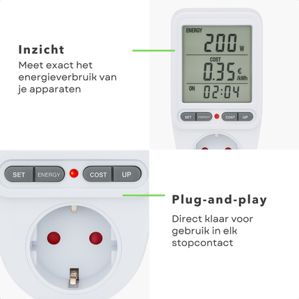 Cheqo® Energiekosten Meter voor Standaard Stopcontact – Energie Verbruiksmeter met Duidelijk Display – kWh Meter tot 3680W – Nauwkeurige Stroomverbruik Meter – Overbelastingsbeveiliging – Energie Besparen – Energiemeter