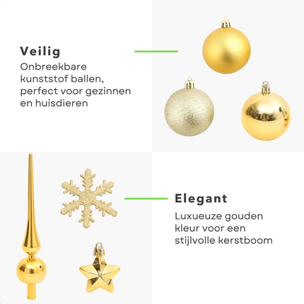 Cheqo® 111-delige Gouden Kerstballen Set - Kerstballenset - Onbreekbaar Polystyreen - Lichtgewicht Decoratie