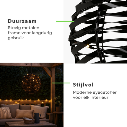 Cheqo® Verlichte Bal - Kerst Decoratie - Kerstfiguur - Zwarte Bal - 25 cm Diameter - 60 Led - Warm Wit Verlichting - Verlichting - Metaal En Kunststof - Kerstverlichting Binnen - Batterij - IP20 - Timer Functie