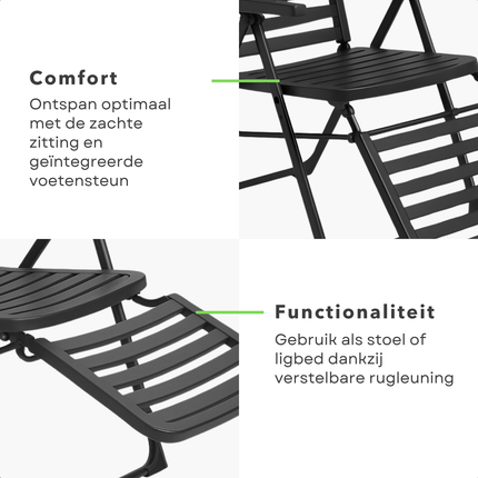 Cheqo® Opvouwbare Tuinstoel met Voetensteun - Camping Stoel - Zonnenbed - Tuin Stoel Lounge - Balkonstoel - Loungestoel - Aluminium Relaxstoel