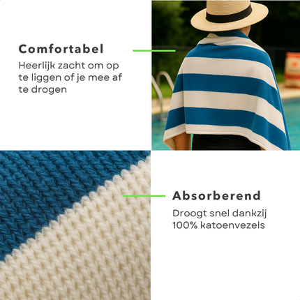 Cheqo® XL Strandlaken Katoen - Strandkleed - Gestreept Blauw/Wit - Absorberend en Groot
