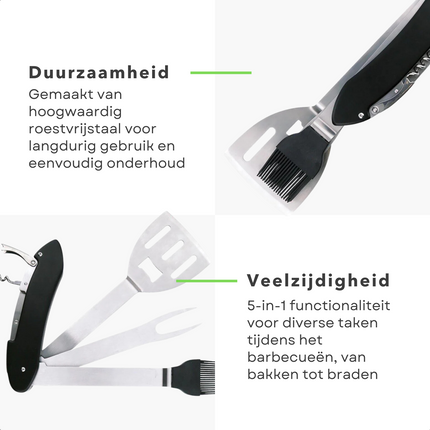 Cheqo multifunctioneel BBQ gereedschap met duurzaamheid en veelzijdigheid, inklapbaar 5-in-1 ontwerp met spatel, vork, en borstel.
