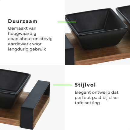 Cheqo® Acacia Houten Serveerplank - Tapas Set met 3 Aardewerk Schaaltjes - Compact Formaat 32x10 cm - Duurzaam Hout - Elegant Design - Ideaal voor Hapjes en Tapas - Vaatwasmachinebestendig