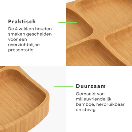 Cheqo® Bamboe Tapas Plank - Borrelplank - Serveerplateau - Tapasplank - Kaasplank - Vier Vakken - Ideaal voor Feestjes - Duurzaam Bamboe