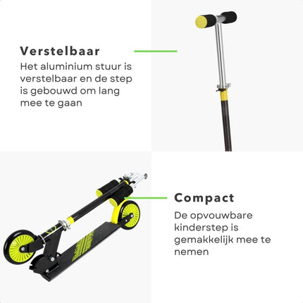 Cheqo® Kinderstep Zwart / Lime - Verstelbare Hoogte - Met Voetrem - PP Wielen - Aluminium Stuur - Draagvermogen van 50 KG - Step - Jongens/Meisjes - Veilig en Stabiel - Cadeau Voor Kinderen - Speelgoed - Verhoogd Coördinatie & Balans - Opvouwbaar Kinderstepjes