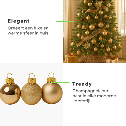Cheqo® Kerstballen Set - Champagne Kleur - Ø7 cm - Glas Kerstballen - Kerstboom Decoratie - Matte En Glimmende - Glitter Kerstballen - Trendy En Modern - Warme Uitstraling - Verschillende Afmetingen - Kerstbal Set