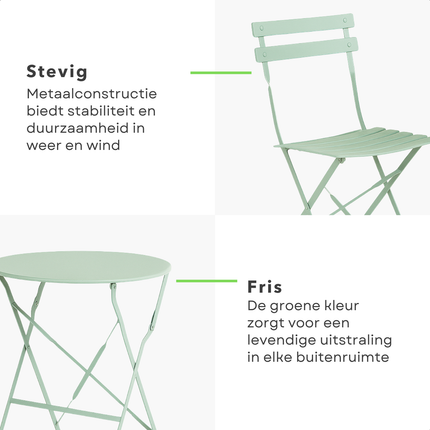 Cheqo® Bistroset Metaal Groen - Compacte 3-delige Balkonset - Tuinset - Tuintafel Set - Tuin Tafel Set - Weerbestendig