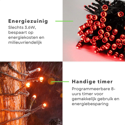 Cheqo® Kerstverlichting - Kerstboomverlichting - Kerstlampjes - Sfeerverlichting - LED Verlichting - Voor Binnen en Buiten - Tuinverlichting - Feestverlichting - Lichtsnoer - Rood - Timer - 120 LED's - 9M - 8 Lichtfuncties Kerstboomverlichting