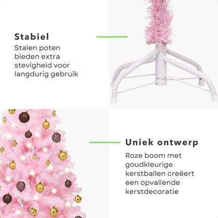 Cheqo® Roze Kerstboom - Kunstkerstboom 120 cm - Met LED Verlichting en Gouden Kerstballen - PVC