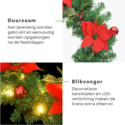 Cheqo® Kerstkrans met Kerstlampjes - LED Verlichting - Deurkrans - Kerstdecoratie - Kerst Krans - 60 cm - LED Verlichting - PVC Groen - Binnen/Buiten Gebruik