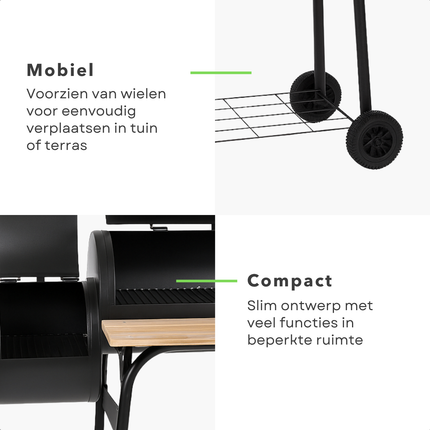 Cheqo® Rookoven met Barbecue - Rook Oven - BBQ Smoker Barbecue 2-in-1 - Verrijdbare BBQ - Houtskool & Rookoven - Met Wielen