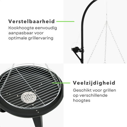 Cheqo® Verstelbare Barbecue Met Grillrooster en Ketting - Ø55Cm - Hoogte 100Cm - BBQ - Vuurschaal - Houtskool BBQ