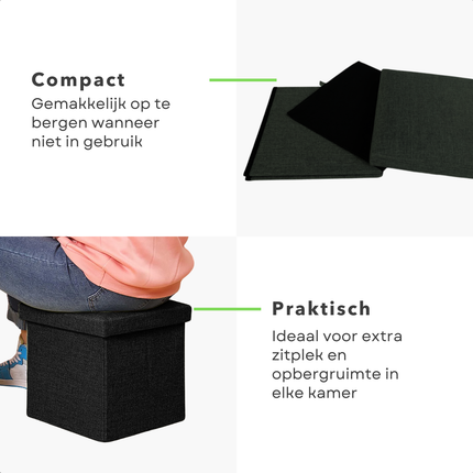 Cheqo® Opvouwbare Poef Met Opbergruimte - Zwart - Opbergbox - Organizer - Voetenbankje - Hocker - MDF en Katoen