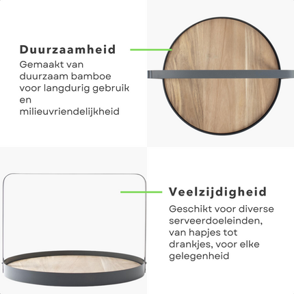 Cheqo® Serveerplank met Handvat - Rond Bamboe Dienblad - Ø35cm - Serveerschaal van Bamboe - Kaarsenplateau