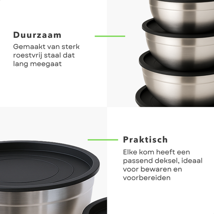 Cheqo® RVS Mengkommen Set - Beslagkommen Set - Mixkom - Kommen Stapelbaar en Met Deksel - 8-delige RVS Beslagkommen