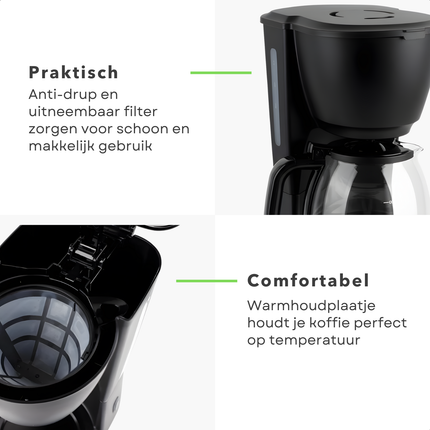 Cheqo® Koffiezetapparaat met Glazen Kan - Uitneembaar Filter - Anti-Drup Functie - Koffiezet Apparaat - Filterkoffie Machine - Warmhoudplaatje - Koffiemachine - Zwart Koffiezetapparaat - Betrouwbare Koffiemachine