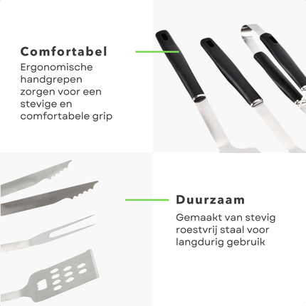Cheqo® 3 delige BBQ Accessoires Set - Roestvrij Staal - Perfect voor Barbecue - Inclusief Spatel, Tang en Vork
