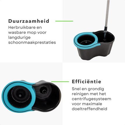 Cheqo® Mopset met Centrifugesysteem - Dweilset - Dweil Set - Vloerwisser - Verstelbare Steel en 14L Emmer - Wasbare Mop - Vloerwisserset
