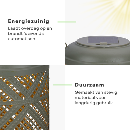 Cheqo® Solar Lantaarn - Grijze Decoratieve Buitenlamp - Tuinverlichting Zonneenergie - Tuinlantaarn -  Tafellamp - Hanglamp - Weerbestendig