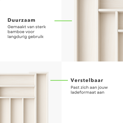 Cheqo® Uitschuifbare Bamboe Bestekbak - Keukenlade - Besteklade Uitschuifbaar - Verstelbare Lade Organizer - Bestekhouder - Wit