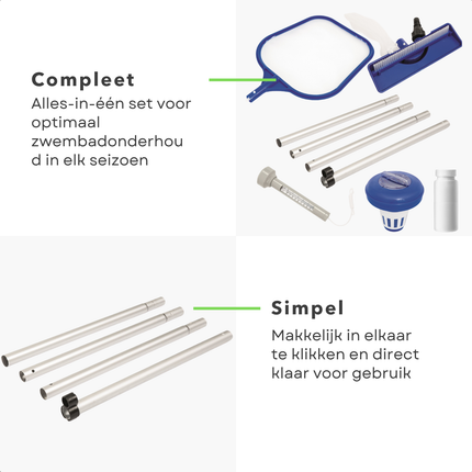 Cheqo® Zwembad Onderhoudsset - 7-Delig - Zwembad Onderhoud - Pakket met Zwembad Stofzuiger - Schepnet - Aluminium - Inclusief PH Teststrips