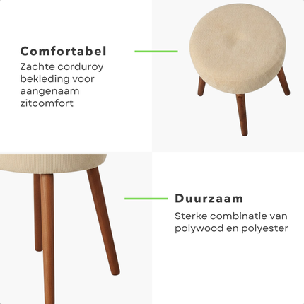 Cheqo® Bijzetkrukje - Bijzetkruk - Poef - Voetenbank - Voetenbankje - Kruk - Krukje - Creme Poef - Creme Voetenbank - Corduroy Poef - Corduroy Voetenbank