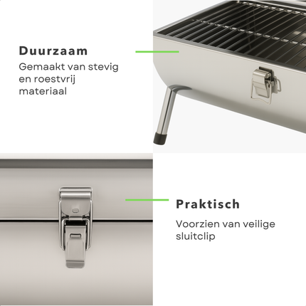 Cheqo® Draagbare Houtskoolbarbecue – Compacte Cilinder BBQ – RVS Tafelbarbecue – Opvouwbare Mini Barbecue voor Camping, Tuin, Balkon & Picknick – Dubbel Grilloppervlak – Lichtgewicht Chroom BBQ met Sluitclip – Voor Buiten & Reizen