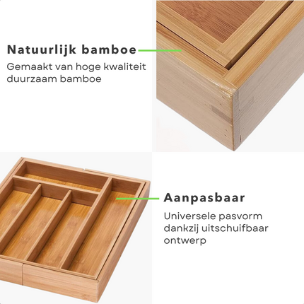 Cheqo® Verstelbare Besteklade - Flexibele Bestekorganizer -  Uitschuifbare Bestekbak - 34-56 cm - Vakindeling - Duurzaam Bamboe  - Besteklade - 5 tot 7 Vakken - Bestekcassette Bestekbakken
