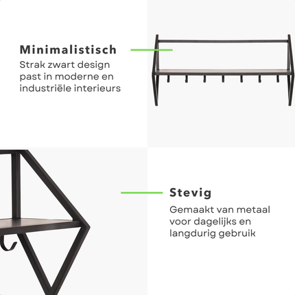 Cheqo® Wandkapstok - Kapstok met Plank - Wandkapstok met Plank - Wandkapstok met Haken - Wandkapstok 7 Haken - Zwarte Wandkapstok - Kapstok Hal - Kapstok Industrieel Zwart