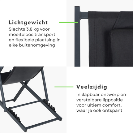 Cheqo® Luxe Ligstoel - Zwart-Grijs - Inklapbaar en Verstelbaar - Tuinligstoel met Hoofdsteun - Draagbaar - 101x61x91 cm - 3.8 KG - Voor Thuis en Onderweg - Campingstoel - Tuinstoel - Loungestoel -  Verstelbare Rugsteun Ligbedden