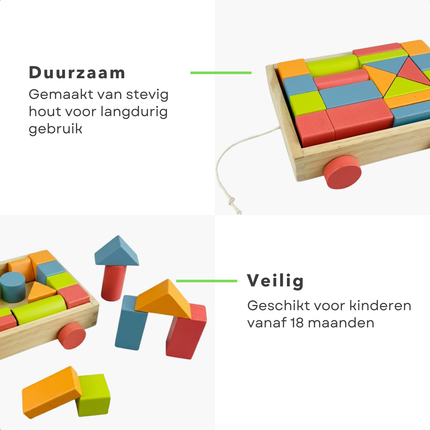 Cheqo® Houten Blokkenkar - Blokkenkar met Blokken - Blokkenkar Speelgoed - Baby Blokkenkar - Blokkenkar voor Peuter - Blokkenkar 20 Blokken
