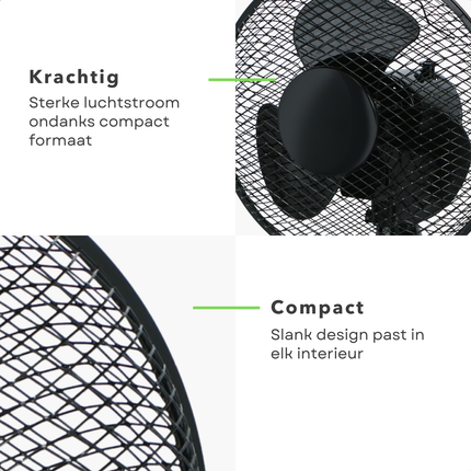Cheqo® Tafelventilator Zwart – 23 cm Compacte Bureau Ventilator – 32 Watt – 2 Snelheden – Zwenkfunctie 75° – Lichtgewicht & Stil – Instelbare Luchtstroom – Energiezuinig – Ventilator voor Thuis & Kantoor