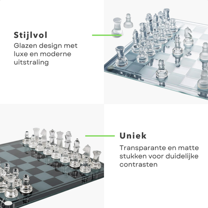 Cheqo® Glazen Schaakset - Glazen Schaakspel - Glazen Schaakbord - Schaakset - Schaakspel - Schaakbord - Schaakbordspel - Schaakset Volwassenen - Schaakspel Volwassenen - Luxe Schaakset - Schaakset Cadeau