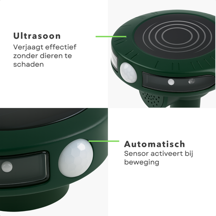 Cheqo® Solar Dierenverjager met Bewegingssensor – Ultrasone Kattenverjager & Marterverjager – LED-Flitslicht – Waterdicht Ontwerp – Milieuvriendelijk – Voor Buitengebruik – Zonnepaneel – Tuin Bescherming – Diervriendelijke Ongedierte Verjager