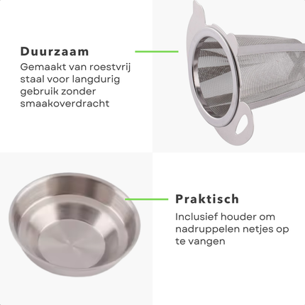 Cheqo® Theezeef - Theezeef met Houder - Theezeef met Opvangbakje - Theezeef met Lekbakje - Theezeef met Standaard - Theezeef voor Losse Thee - Thee Filter - Theezeef voor Theepot