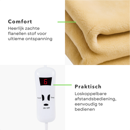 Cheqo® Elektrische Bovendeken - Warmtedeken - 180x130 cm - 1 Persoons - Flanel - Afstandsbediening - 10 Warmtestanden - Timerfunctie - Wasmachinebestendig - Snelle Opwarming - Energiezuinig - Ontspanning Spieren - Verbeterde Bloedsomloop
